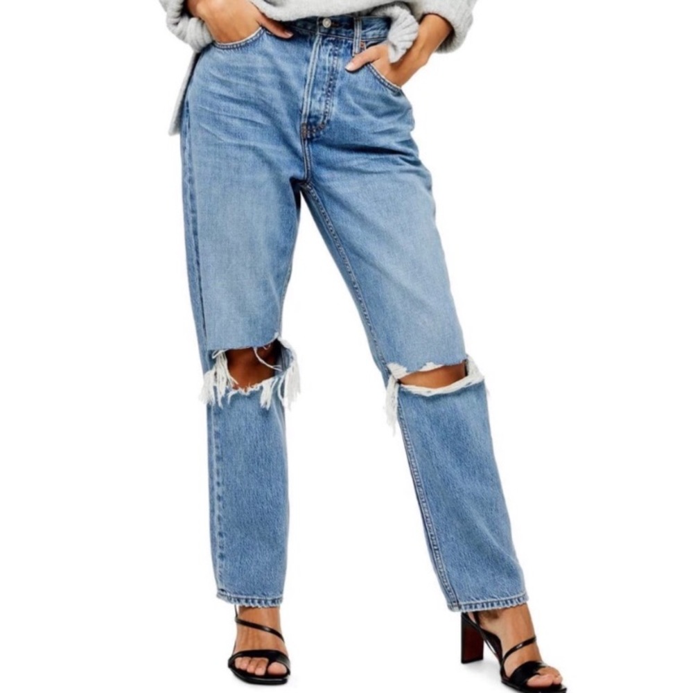 Topshop Light Blue Distressed Knee-Rip Straight Jeans